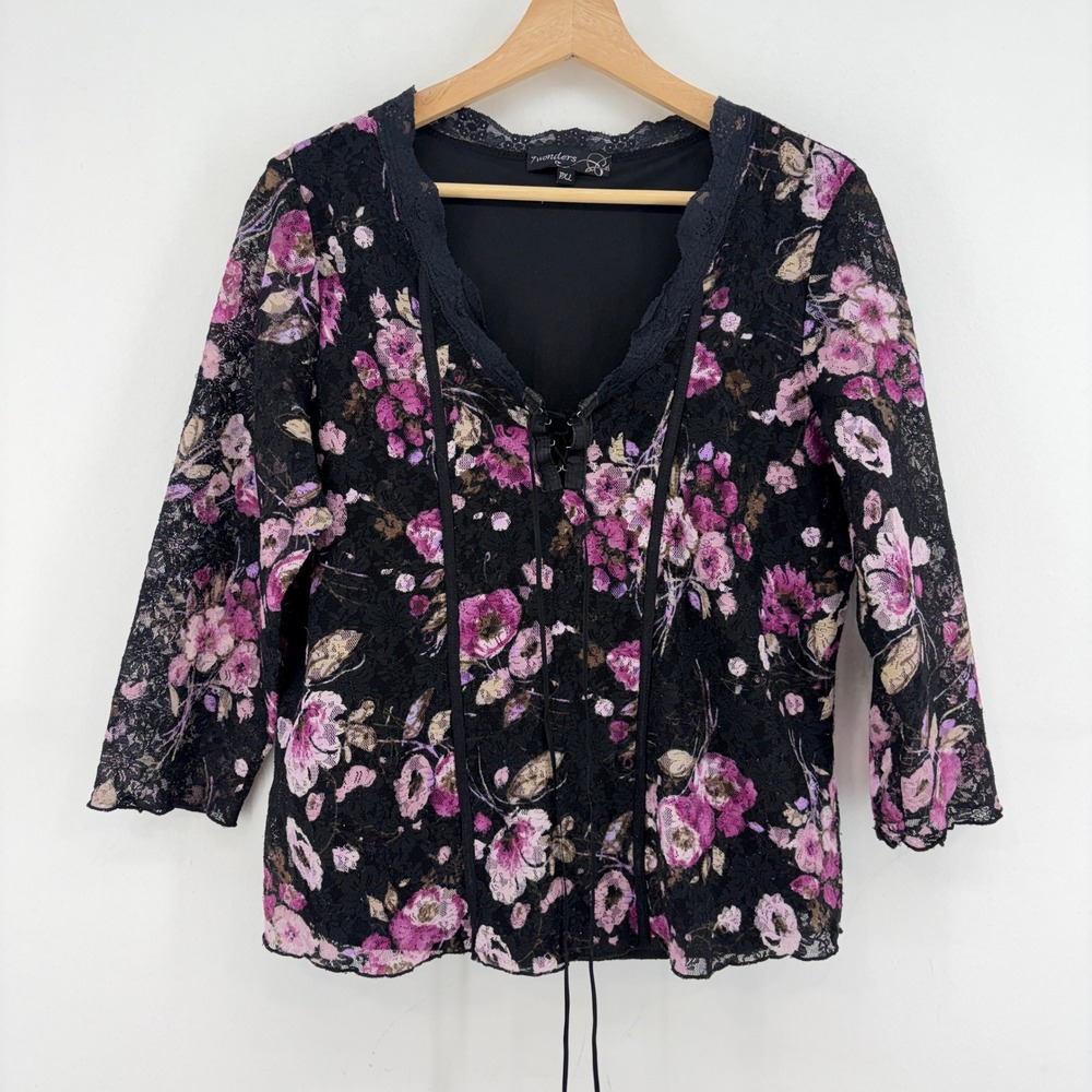 7wonders Y2K Black Floral Lace Up V-Neck Top XL Sheer Sleeve Romantic Whimsigoth